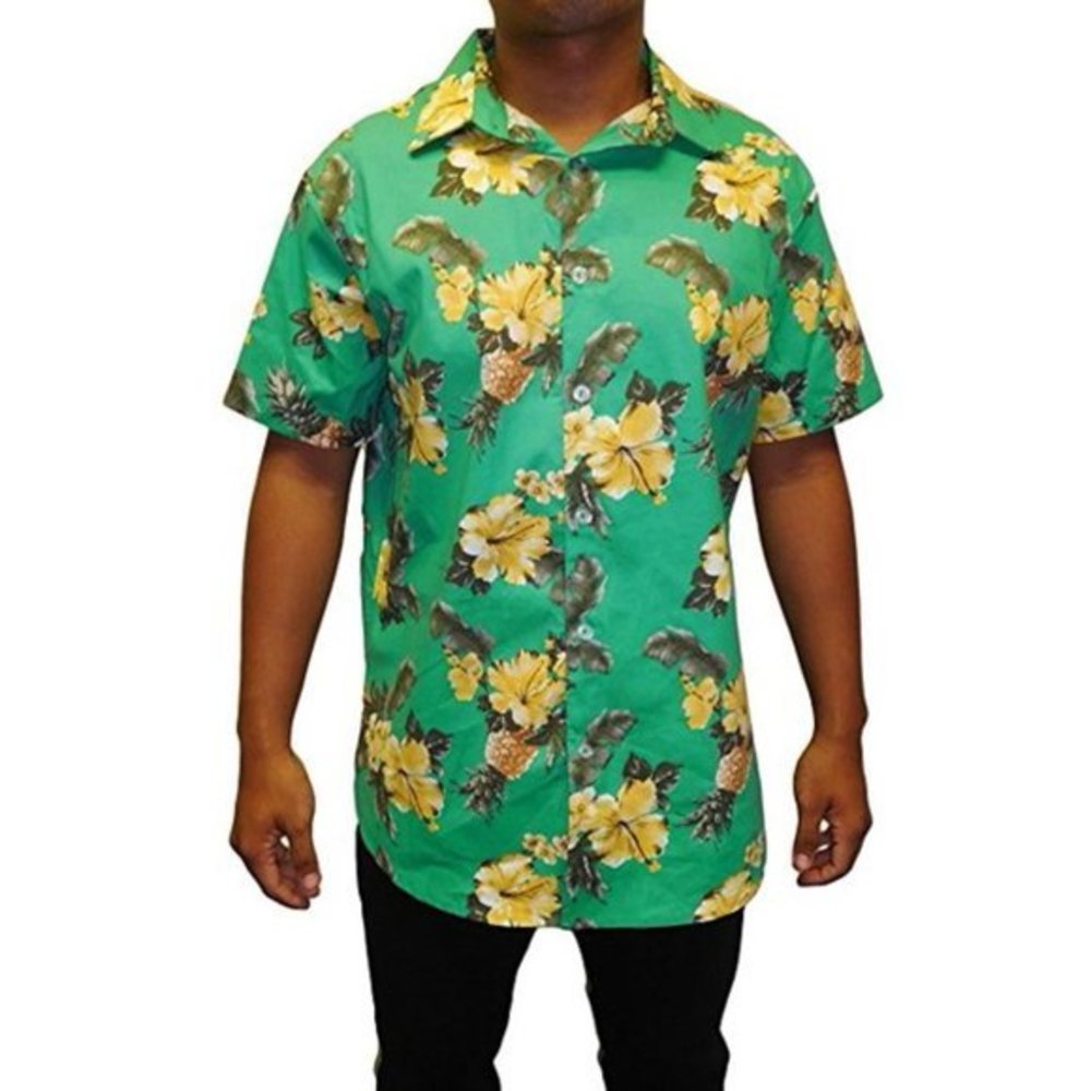 Men's Hawaiian‎ Pineapple Floral Print Button Down Green Short Sleeves Shirt